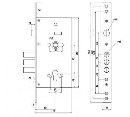 CLASS Корпус замка KEDR 252RR (евро моноблок под ручку с соответствующей планкой)