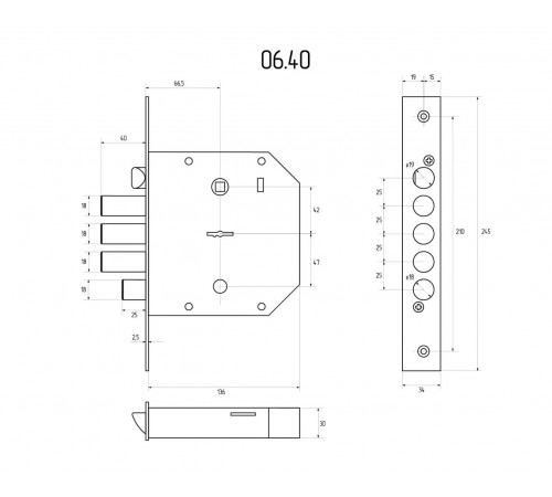 KEDR Замок врезной CLASS 06.40 сувальдный (левый) (латунный ключ, без тяг)