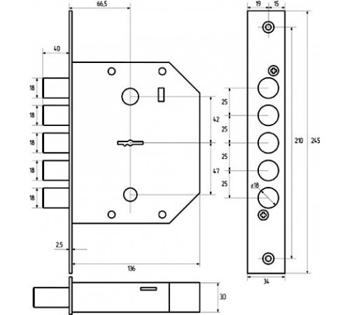 KEDR Замок врезной сувальдный 0601 (без тяг, латунный ключ)