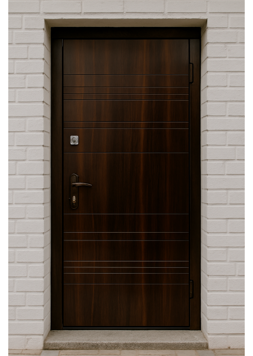 Вхідні двері Вулкан з МДФ накладками горіхового кольору Вхідні двері Вулкан з МДФ накладками горіхового кольору