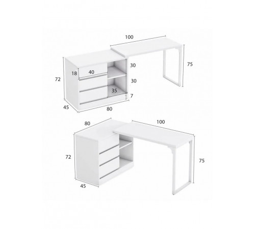 Стол с ящиком и полками (L-форма) – 180×45×75 см