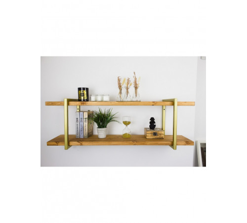 LOFT SHELF двойная винтажная полка - массив сосны, золотые кронштейны, 2 полки