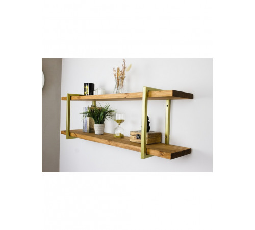 LOFT SHELF двойная винтажная полка - массив сосны, золотые кронштейны, 2 полки