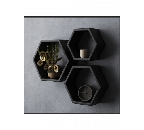 Набор трех шестигранных полок черного цвета.