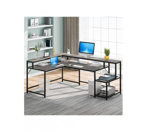 Письменный стол L‑формы с подставкой для монитора и полками