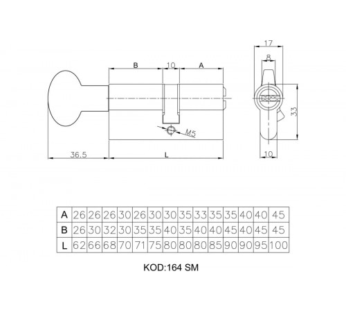 Циліндр Kale 164SMС 30+10+30=70mm, латунь, 5 ключів, з вертушкою
