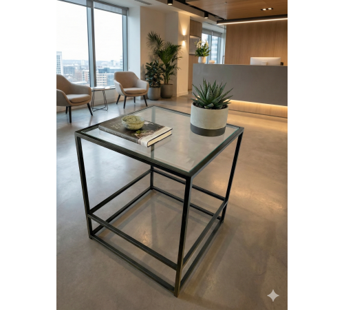 Журнальний столик Aria Glass Metal — скляний чорний, 50×50×55 см