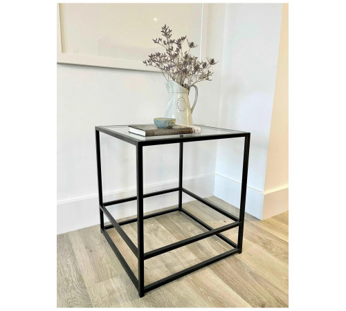 Журнальний столик Aria Glass Metal — скляний чорний, 50×50×55 см