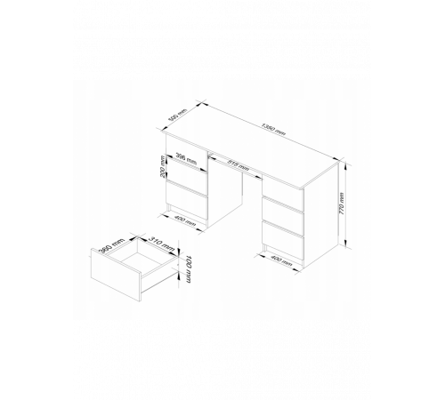 Компьютерный стол A-11 135 см (6 ящиков, 1 полка), белый