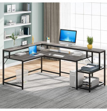 Письменный стол двухсторонний L-образный с подставкой для монитора и полками.