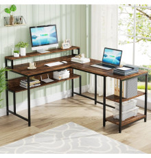 Двухсторонний L-образный стол полками и подставкой для монитора.