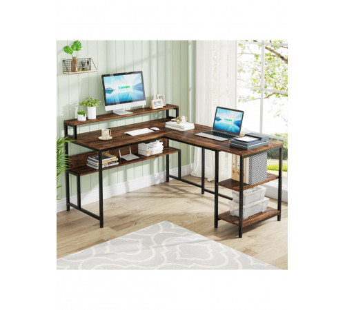 Двухсторонний L‑образный стол MSM JW0674 с полками и подставкой для монитора.