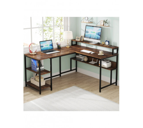 Двухсторонний L‑образный стол MSM JW0674 с полками и подставкой для монитора.