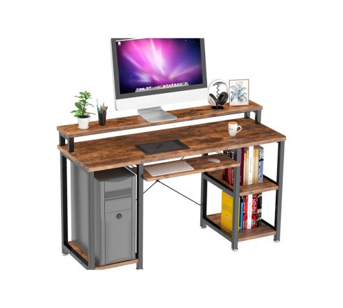 Компьютерный стол с полками и подставкой для клавиатуры.