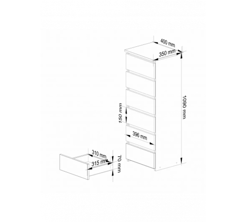 Высокий комод с 6 ящиками дуб Сонома, MSM