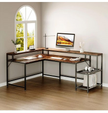 Письменный стол двухсторонний L-образный с подставкой для монитора и полками.