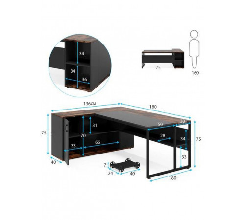 Письмовий стіл L‑форми з полицями та тумбою