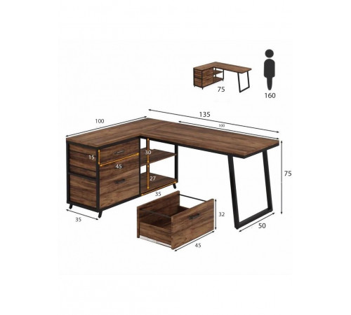 Стол L-образный с 3 ящиками и полками – 135×50×75 см.
