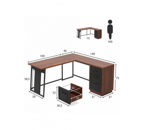 Письменный L-образный стол с ящиками – MSMLOFT (140×50×75 см)