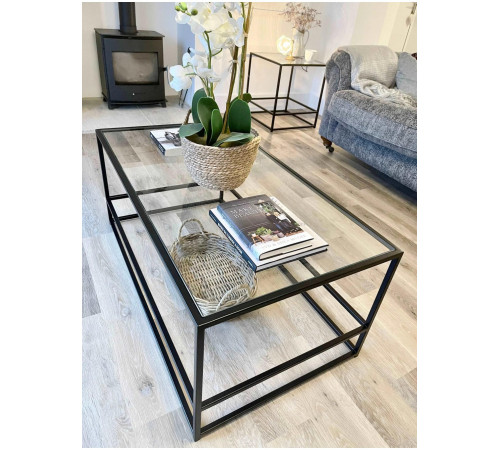 Журнальний столик Aria Glass Metal – чорний, скло + метал, 110×60×45 см