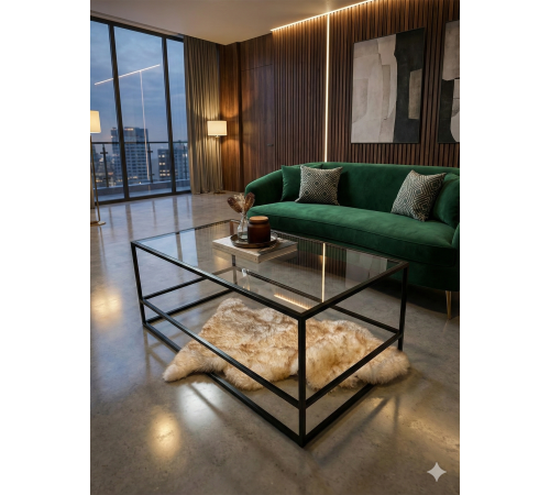 Журнальний столик Aria Glass Metal – чорний, скло + метал, 110×60×45 см