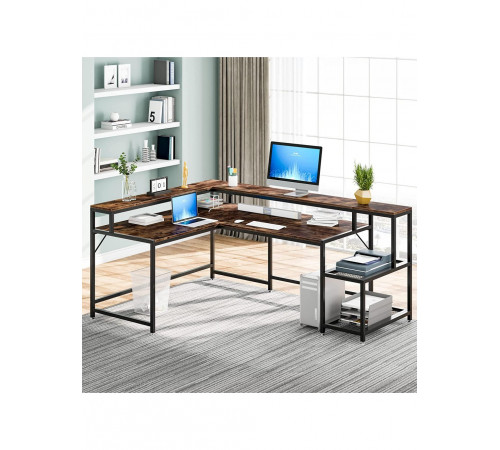 Письменный стол L-формы с подставкой для монитора и полками