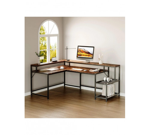 Письменный стол L-формы с подставкой для монитора и полками