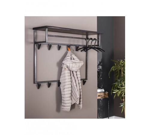 Чорна настінна вішалка для одягу з 12 гачками та 1 полицею