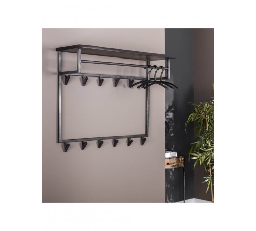 Чорна настінна вішалка для одягу з 12 гачками та 1 полицею