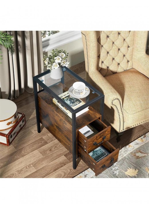 Сучасний столик VECELO з 2 шухлядами та скляною стільницею Сучасний столик VECELO з 2 шухлядами та скляною стільницею