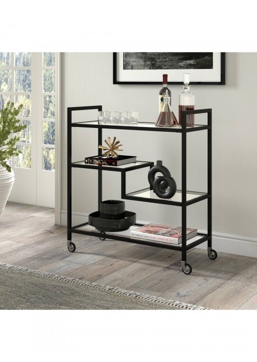 Широкий прямокутний барний візок Lovett з скляними полицями Широкий прямокутний барний візок Lovett з скляними полицями