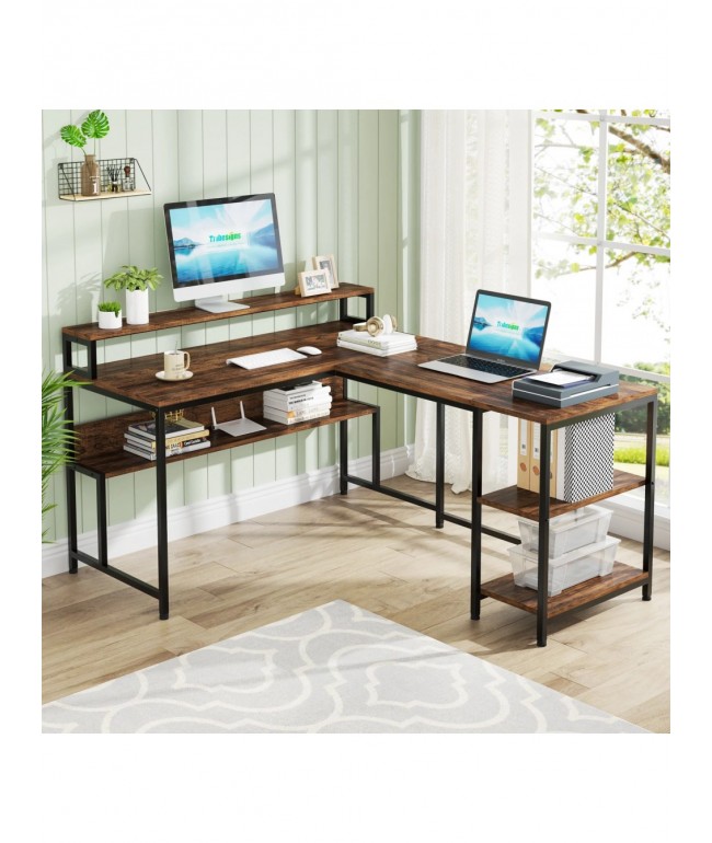 Двосторонній L‑подібний стіл MSM JW0674 з полицями та підставкою для монітора