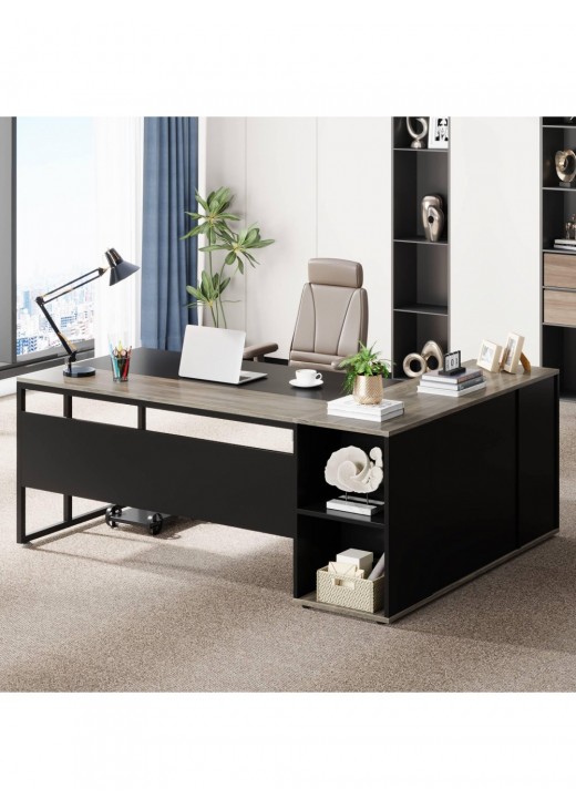 Письмовий стіл L-подібної форми з полицями та тумбою Письмовий стіл L-подібної форми з полицями та тумбою