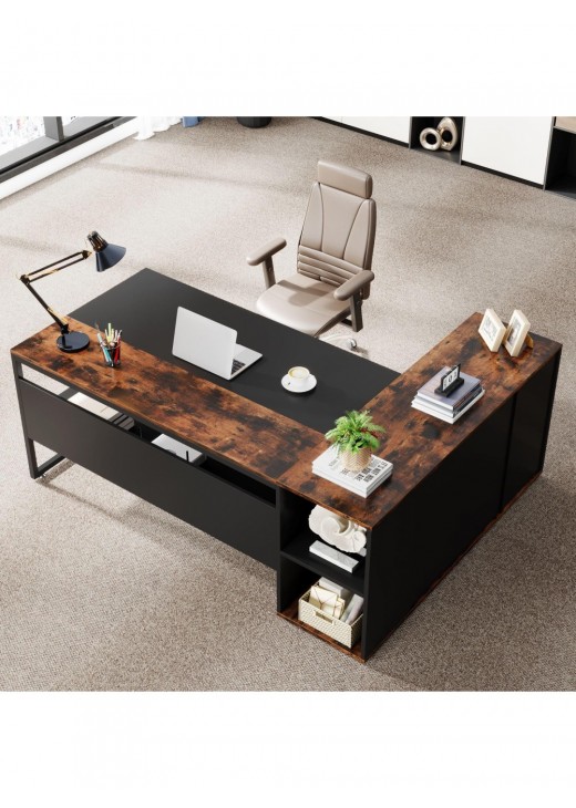 Письмовий стіл L-подібної форми з полицями та тумбою Письмовий стіл L-подібної форми з полицями та тумбою