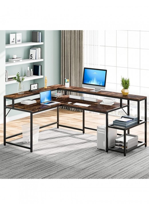 Письмовий стіл двосторонній L-подібний із підставкою для монітора та полицями