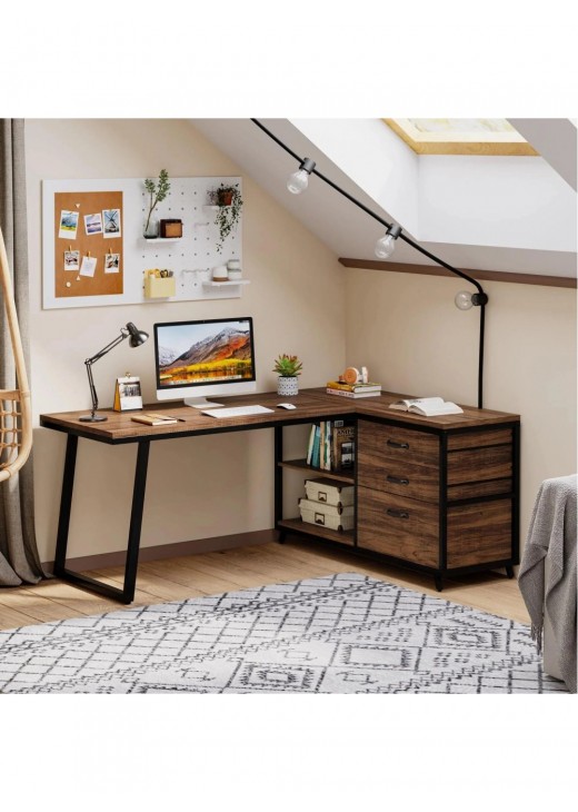 Стіл L-подібний із 3 висувними ящиками та полицями Стіл L-подібний із 3 висувними ящиками та полицями