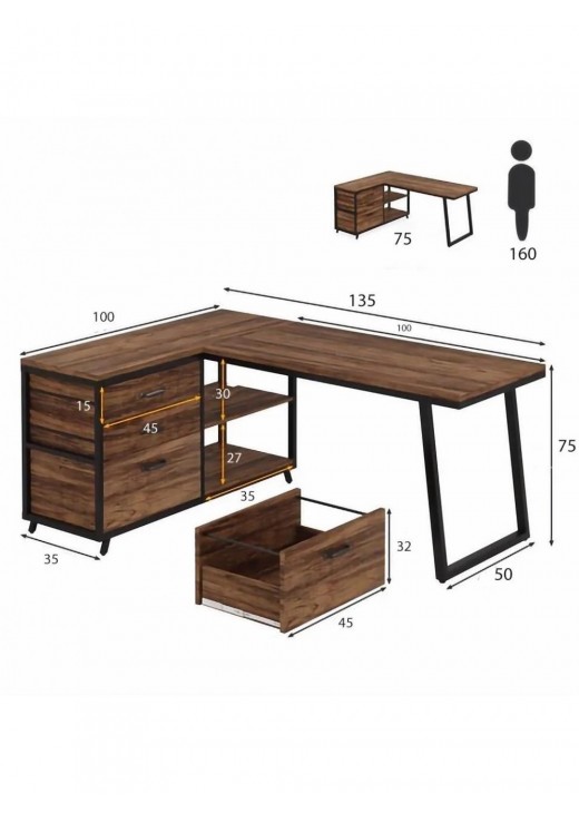 Стіл L-подібний із 3 висувними ящиками та полицями Стіл L-подібний із 3 висувними ящиками та полицями