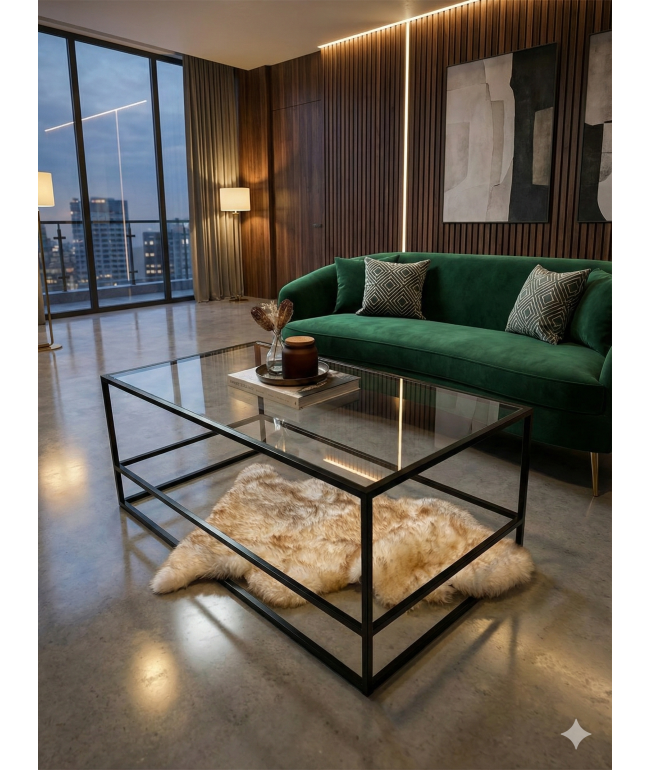 Журнальний столик Aria Glass Metal – чорний, скло + метал, 110×60×45 см