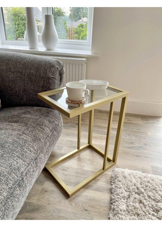 Приставний столик скляний для дивана, золотий