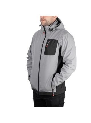 Куртка SOFTSHELL світло сіро-чорна, з капюшоном, тришарова, тканина - стрейч 300 GSM 100D, з водо- і вітрозахистом, розмір L INTERTOOL SP-3123