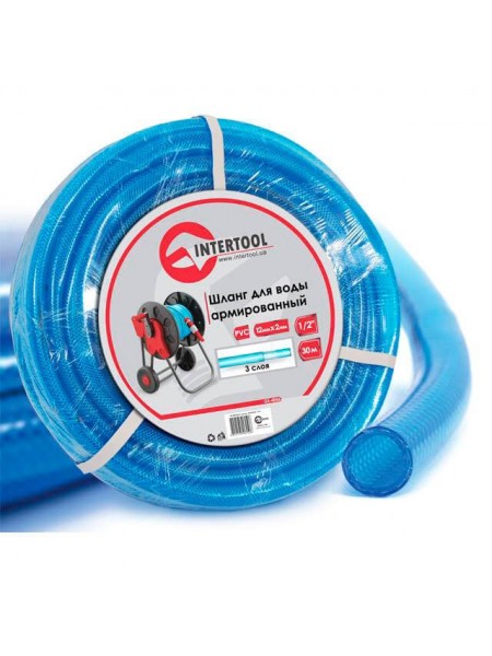Шланг для води тришаровий, синій, 1/2", 30 м, армований, PVC INTERTOOL GE-4055