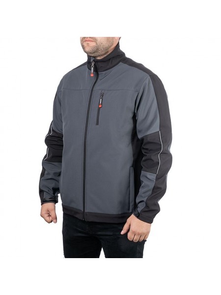 Куртка SOFTSHELL темно сіро-чорна, тришарова, тканина - стрейч 300 GSM 100D, з водо- і вітрозахистом, розмір XXL INTERTOOL SP-3135