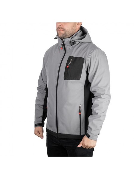 Куртка SOFTSHELL світло сіро-чорна, з капюшоном, тришарова, тканина - стрейч 300 GSM 100D, з водо- і вітрозахистом, розмір М INTERTOOL SP-3122
