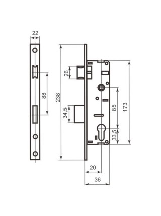 Корпус вузькопрофільного замка BRUNO 153 22-20 мц85 хром