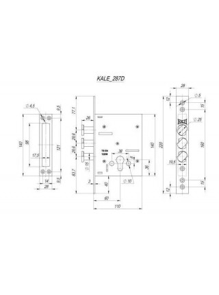 Замок Kale 287D циліндровий, В:60мм з поворотними ригелями (1-30166)