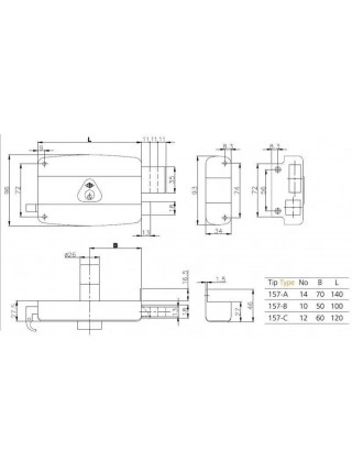 Замок 157 B 50 mm, накладний, сталь пофарбована чорною порошковою фарбою, 5 ключів, правобічний (1-30067)