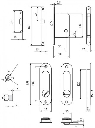 Комплект для розсувних дверей (ручка SL-155 + замок RDA з отв планкою 4120) стать латунь