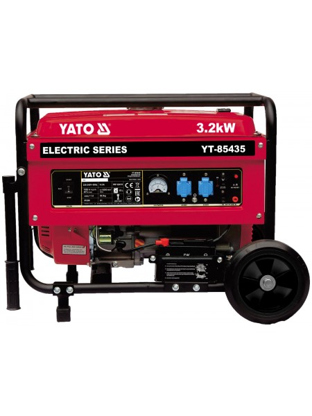 Генератор струму бензиновий YATO: P= 3.2 кВт, U= 230V AC і 12V DC, витрата- 1.45 л/г, бак- 15 л