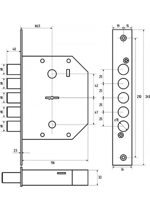Замок врізний сувальдний 0601 (без тяг, латунный ключ)