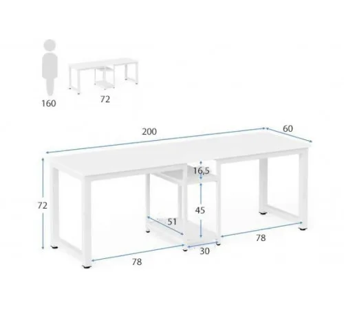 Стол двухместный с полками – 200×60×72 см.